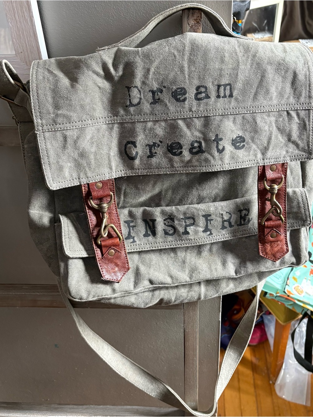Canvas Messenger Bag with 'Dream Create Inspire' Text